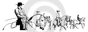 Group of horsemen with hat riding