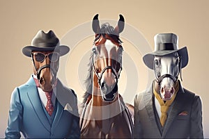 A group of horses in hats, suits and ties, gentlemen and bosses. AI generated