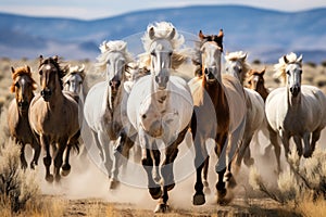 A group of horses running on a dirt road