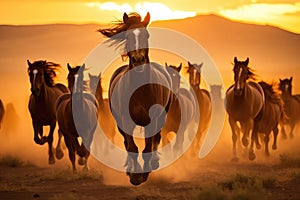 Group of horses running gallop in the desert. Generative AI