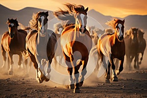 Group of horses running gallop. Mustangs in the desert