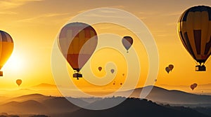 A group of hot air balloons floating against the backdrop of a golden sky