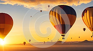 A group of hot air balloons floating against the backdrop of a golden sky