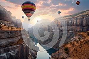 A group of hot air balloons flying over a canyon at sunset