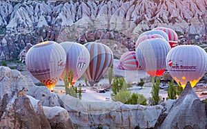 Group of hot air balloons near Goreme, Cappadocia in Turkey