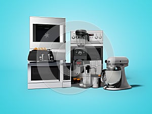 Group of household appliances for kitchen toaster coffee maker microwave food processor blender 3d render on blue background with