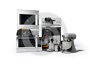 Group of household appliances for kitchen toaster coffee maker microwave food processor blender 3d render on white background with