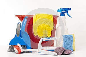 Group of Household Cleaning Products and Equipment on a White Background