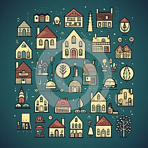 A group of houses in a blue background