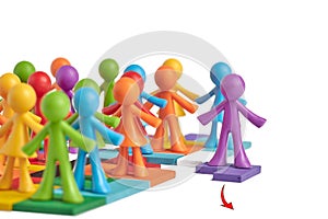 . A group of human figures standing on puzzles moves in one and the same direction, one person went in a new direction. Business