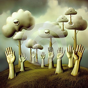 A group of human hands and trees reaching for the clouds. AI Generated