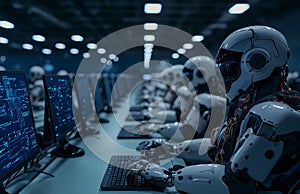 group of humanoid robots working at computers in modern office environment, showcasing advanced technology and collaboration.
