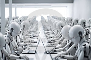 Group of humanoid robots working at laptops in an open space modern office. Generative AI