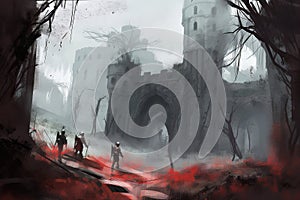 A group of hunters stalking their prey through the ancient ruins of a forgotten civilizatin, Generative AI