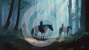 A group of hunters tracking a centaur in a forest photo