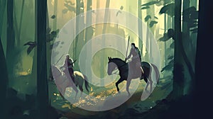 A group of hunters tracking a centaur in a forest photo