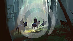 A group of hunters tracking a centaur in a forest photo