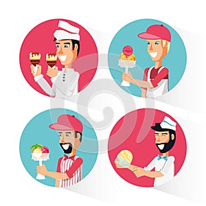 Group ice cream salesmen characters