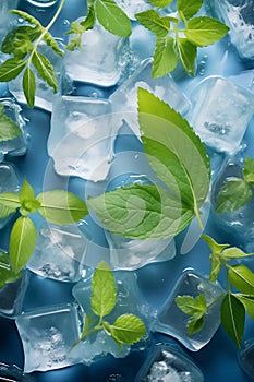 A group of ice cubes scattered on a blue background with mint leaves on top.