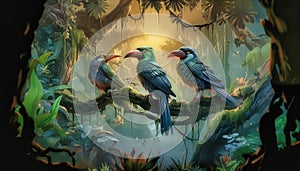 A group of imaginative parrots in a beautiful jungle. AI generated