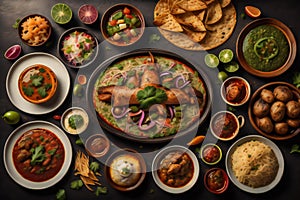 Group of Indian food includes Paneer Butter Masala, Dal Makhani, Palak Paneer, Aloo Paratha. ai generated