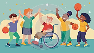 A group of individuals with autism playing a game of adapted wheelchair basketball fully engaged and enthusiastically photo