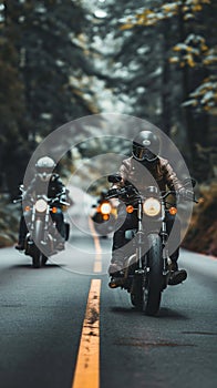 A group of individuals are motorcycling on asphalt road photo