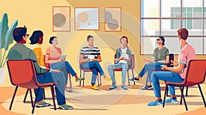 A group of individuals are seated in chairs within a room, engaged in a self-help therapy group session. They appear