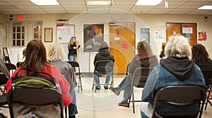 A group of individuals are seated in chairs within a room, engaged in a self-help therapy group session. They appear