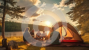 A group of individuals sitting and socializing around a tent in an outdoor setting, Friends enjoying summer camping, top section