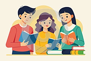 A group of individuals standing together, holding books in their hands, Three students are studying manuals, Simple and minimalist photo