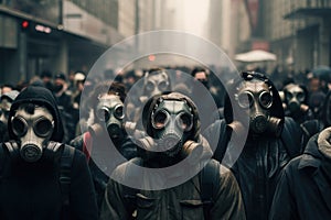 A group of individuals stands on a city street, all wearing gas masks as a precautionary safety measure, Crowd of people in gas