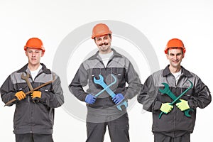 Group of industrial workers. Isolated over white background