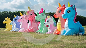 A group of inflatable unicorns are lined up in a field, AI
