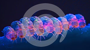 A group of insect larvae lined up in a row each one glowing under UV light as they consume and neutralize toxic photo