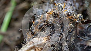 A group of insects gathered around a decaying plant feasting on the remains that normally would have been consumed by