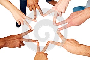 Group of international people showing peace sign