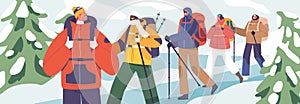 Group Of Intrepid Climbers or Winter Hiker Characters With Backpacks, Embark On A Challenging Ascent