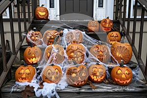A group of intricately carved jack - o - lanterns, detailed designs wooden porch with cobwebs and bats photo