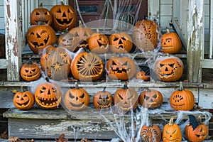 A group of intricately carved jack - o - lanterns, detailed designs wooden porch with cobwebs and bats photo