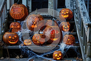 A group of intricately carved jack - o - lanterns, detailed designs wooden porch with cobwebs and bats photo