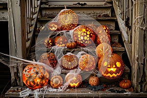 A group of intricately carved jack - o - lanterns, detailed designs wooden porch with cobwebs and bats photo