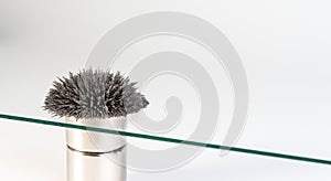 Group of iron filings show magnetic field lines over strong circle magnet. Close up of science magnetic field physics magnetic