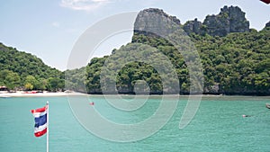 Group of Islands in ocean at Ang Thong National Marine Park. Archipelago in the Gulf of Thailand. Idyllic turquoise sea