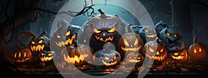 A group of jack-o\'-lanterns with sinister, grimacing expressions