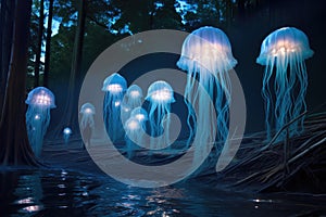 a group of jellyfish illuminated by the light of a nearby star