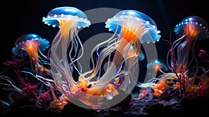 a group of jellyfish with orange and blue tentacles