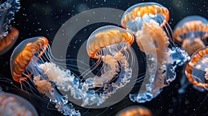 group of jellyfish with an orange body and long blue tentacles swim freely underwater in the sea