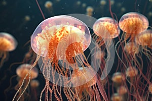 A group of jellyfish swimming in the ocean, a blend of realism and imagination. Generative AI