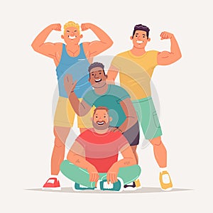 Group of joyful athletic man visitors and trainers of the gym. Bodybuilders, athletes, powerlifters. Influencers of a healthy